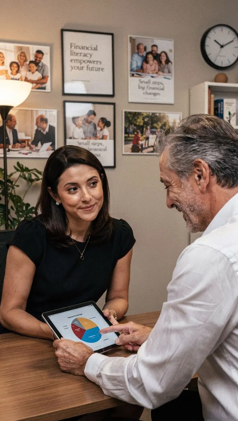 Client și consultant discutând strategii financiare în cadrul unei sesiuni de consiliere față în față.